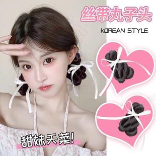 假发芭蕾风白丝带双丸子头低扎双马尾时尚花苞头甜美假发发包