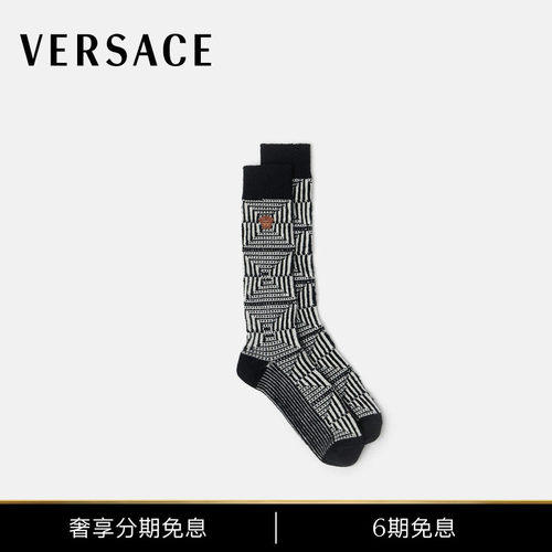 【秀场同款】VERSACE/范思哲 男士刺绣Logo提花羊毛混纺短袜