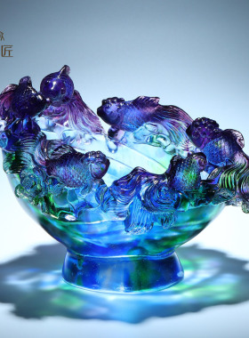 琉璃聚宝盆招财摆件 金鱼缸造型水晶工艺品 新中式桌面招财摆设