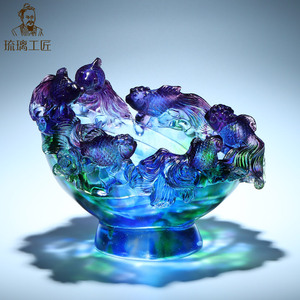 琉璃聚宝盆招财摆件 金鱼缸造型水晶工艺品 新中式桌面招财摆设
