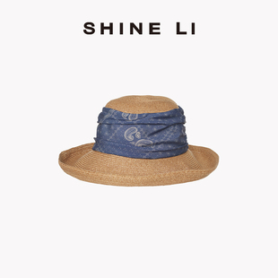 SHINE 牛仔系列 褶皺拼接圓頂草帽 夏海邊度假防曬遮陽 LI李姍