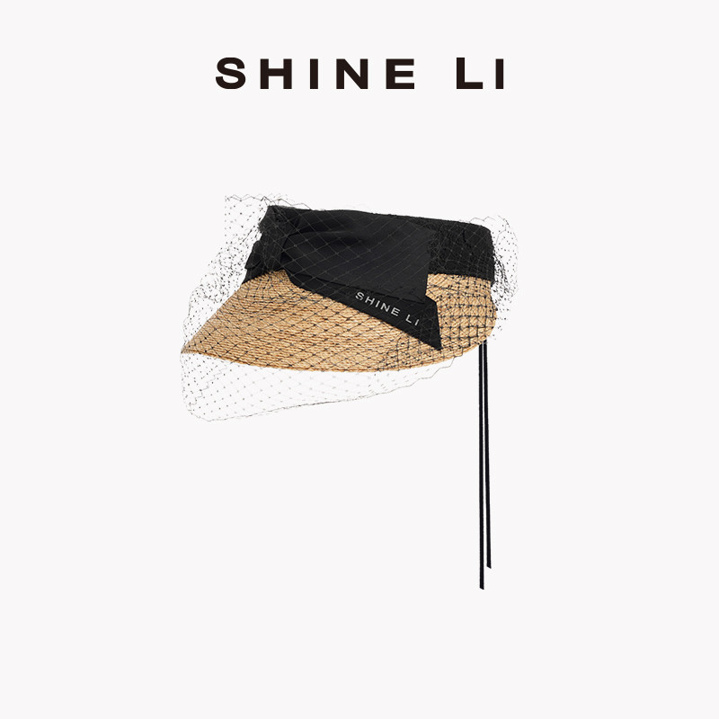 SHINE LI李姗【摩登假日系列】蝴蝶结网纱空顶帽 度假防晒拉菲草