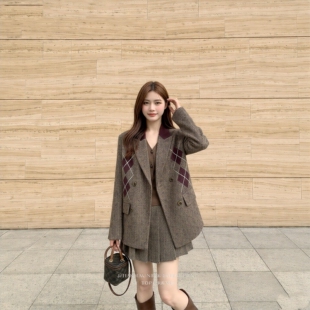 2026秋老钱风复古菱格西装外套+高腰毛呢百褶A字半身裙两件套装