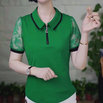 Polo领半拉链蕾丝拼接短袖T恤女