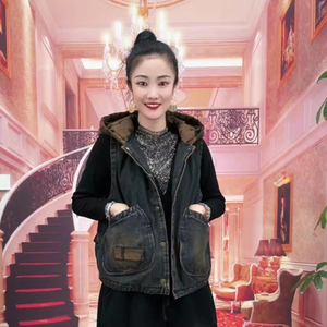秋冬休闲加棉连帽牛仔马甲女时尚宽松显瘦拼接外套妈妈装韩版上衣