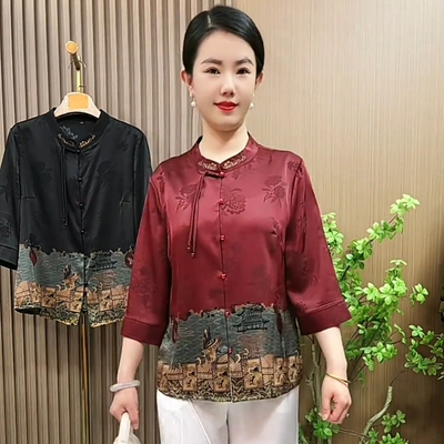 妈妈装国风定位花七分袖衬衫