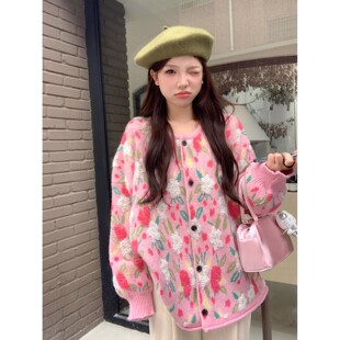 胖mm高级感超好看慵懒风毛衣女秋冬新款大码甜美花朵粉色针织外套