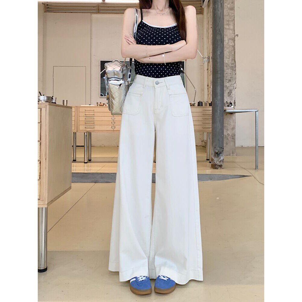 美式白色阔腿牛仔裤女休闲大口袋高腰宽松显瘦直筒垂感拖地长裤