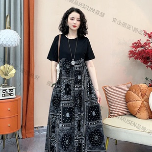 海边穿搭 夏季 浪漫连衣裙度假风新中式 2025女士短袖 拼色中年妈妈款