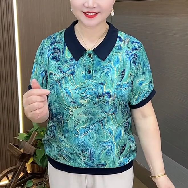 夏季宽松型休闲风常规女短袖2025新款中老年女装翻领显瘦百搭小衫