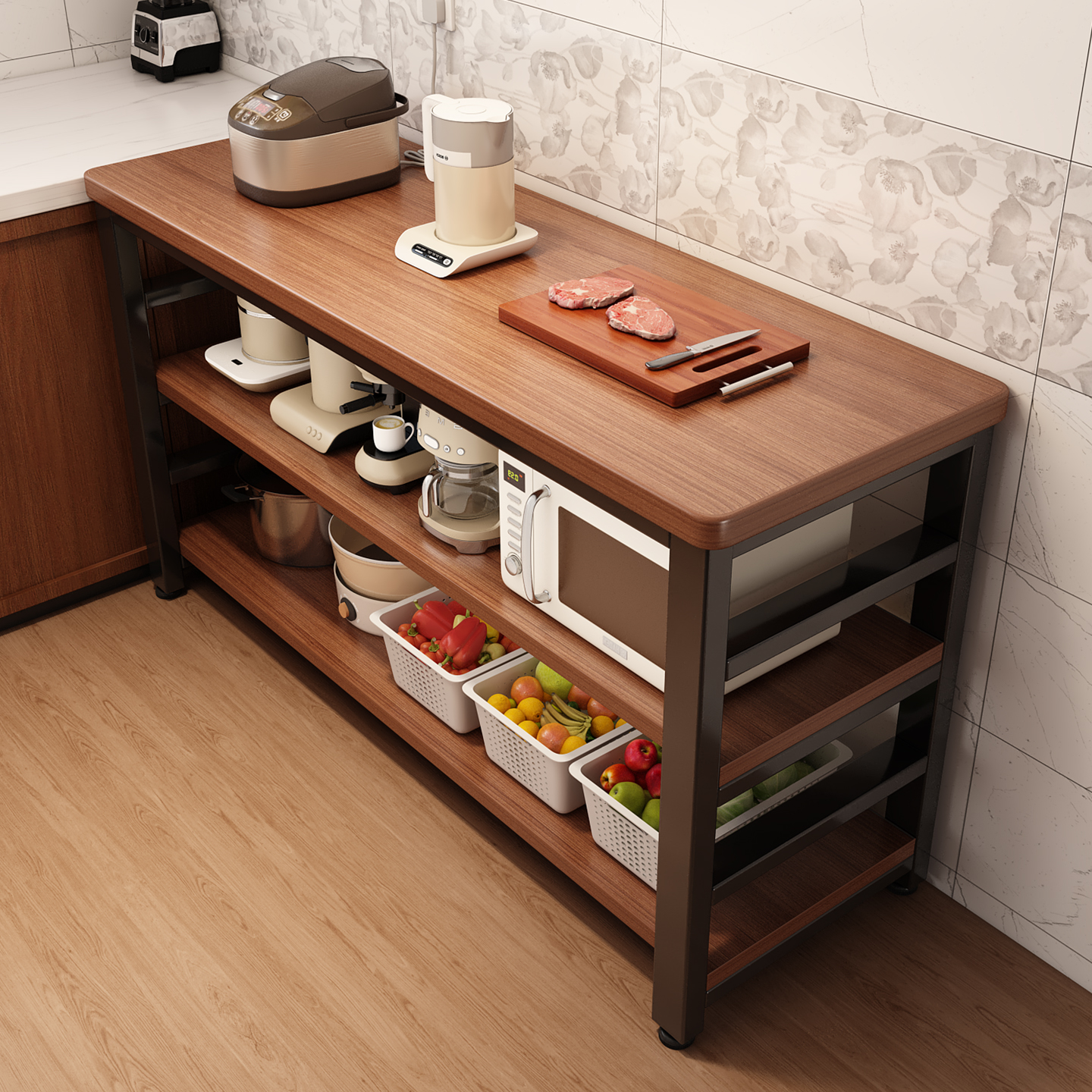 厨房多功能置物架落地多层切菜桌工作台家用柜子微波炉收纳储物架