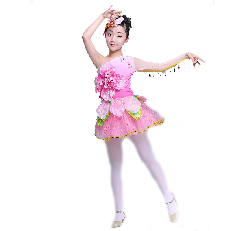 儿童新款花瓣裙演出服桃花朵朵开舞蹈服装少儿扇子舞表演服茉莉花