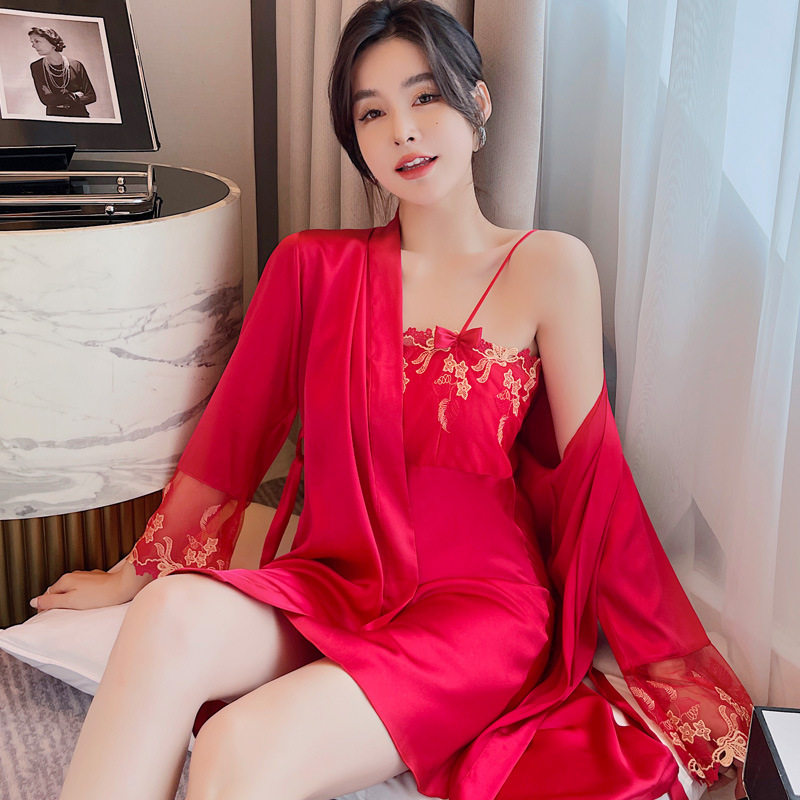 夏季性感睡衣女春秋天长袖冰丝吊带睡裙丝绸睡袍薄款短裙两件套装