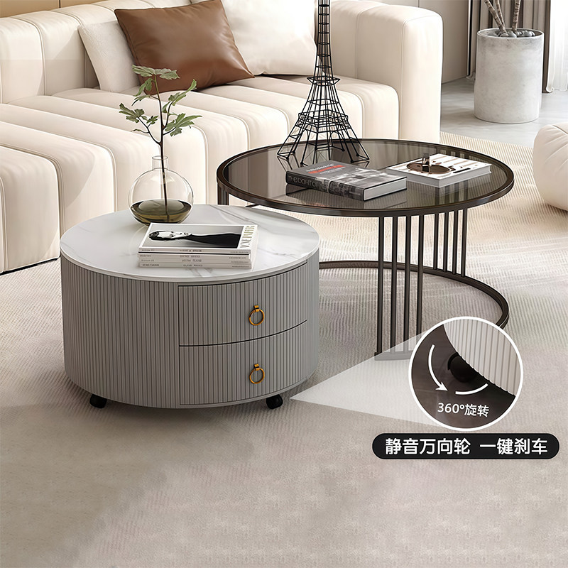 岩板茶几客厅家用2026新款轻奢现代高级感小户型圆形可移动茶几桌