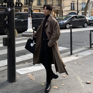高级感咖色克鲁苏大衣男士秋冬季新款英伦风垂坠感中长款外套男款