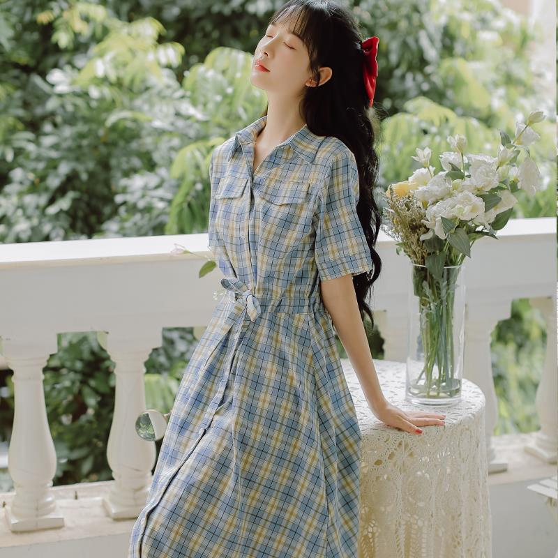 森系仙女格子少女连衣裙2021年新款夏装初中高中学生