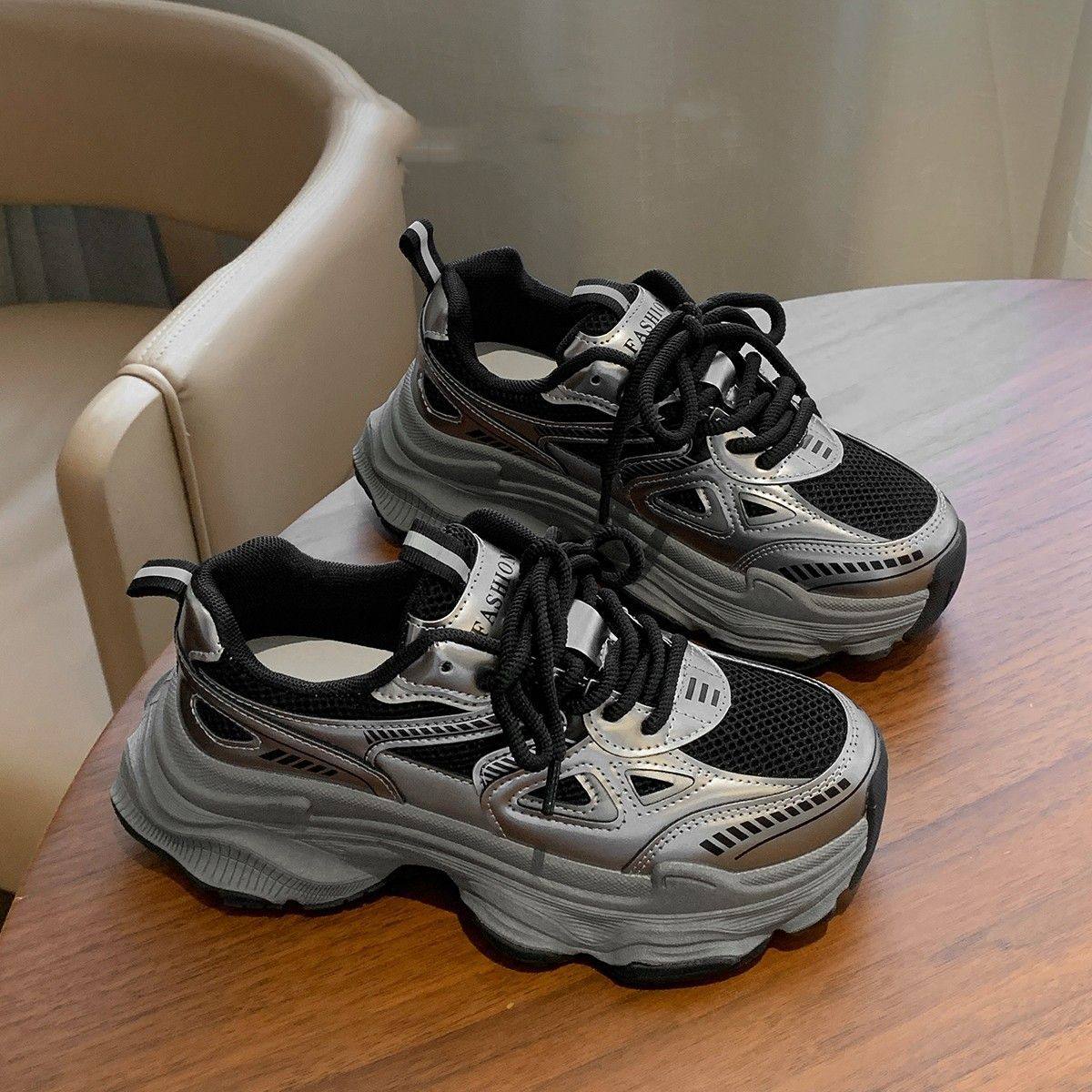 爆品老爹鞋女2025新款爆款春夏季黑色鞋子百搭松糕厚底增高休闲运