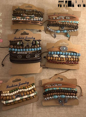 爆品波西米亚复古檀木蝴蝶皮质手链女天然石叠戴个性高颜值学生党