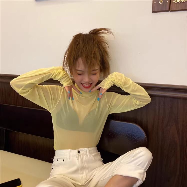 高领防晒打底衫薄上衣蕾丝衫糖果色镂空大码外搭漂亮网纱内搭小衫