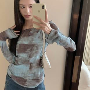 一字领T恤长袖 设计款 防晒上衣女 扎染油画复古美式 原创正品