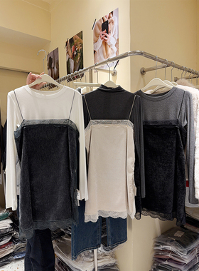 韩女氛围感！秋冬高级冷灰色蕾丝拼接丝绒吊带内搭 显瘦ops女