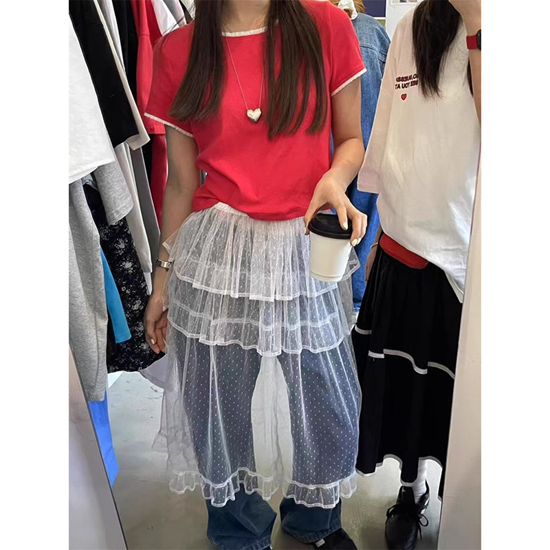 女团氛围感外穿波点蕾丝透视屁帘叠穿纱裙镂空半身裙