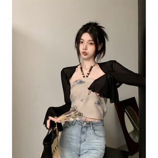 新中式国风水墨画挂脖抹胸吊带黑色长袖开衫新款套装女性感小背心