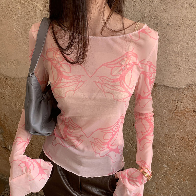 粉色扎染网纱性感辣妹上衣长袖T