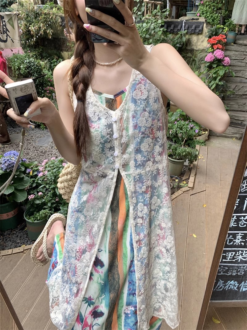 度假风中长款拼接吊带连衣裙女夏季2024新款气质蕾丝无袖罩衫外套