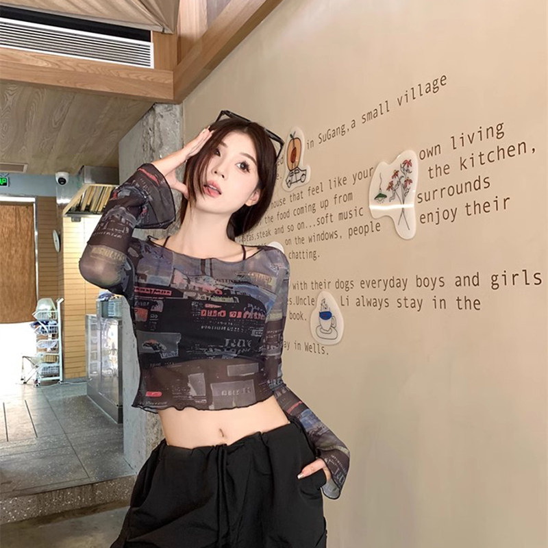 美式复古辣妹扎染喇叭袖长袖t恤女短款设计小众镂空网纱防晒上衣,女装/女士精品,蕾丝衫/雪纺衫,淘宝优惠券,粉丝福利购,淘宝优惠卷