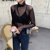 女高领长袖 薄款 网纱打底衫 黑纱透明透视黑色蕾丝薄纱内搭防晒纱衣