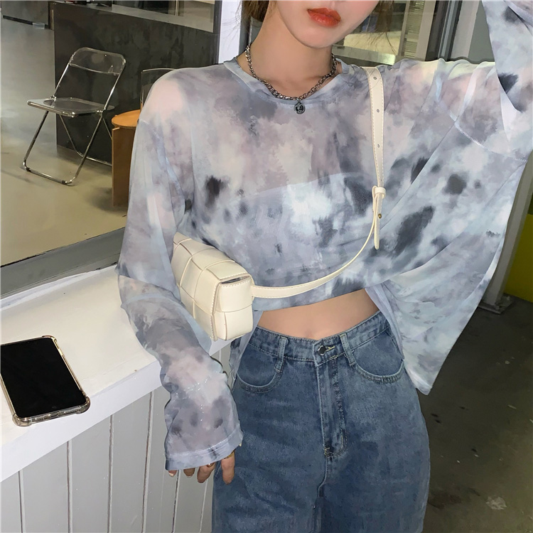 大码网纱T恤女夏季罩衫宽松短款薄款防晒衣胖mm长袖上衣服