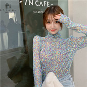 韩版 时尚 修身 短款 内搭上衣 碎花长袖 高领打底衫 T恤女秋冬2022新款