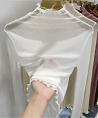 女高档洋气漏空木耳边高领网纱上衣 小衫 蕾丝打底衫 内搭2022秋新款