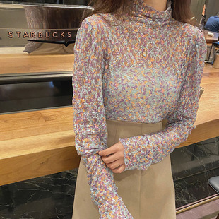 上衣 打底洋气长袖 碎花压褶雪纺衫 女2021秋薄款