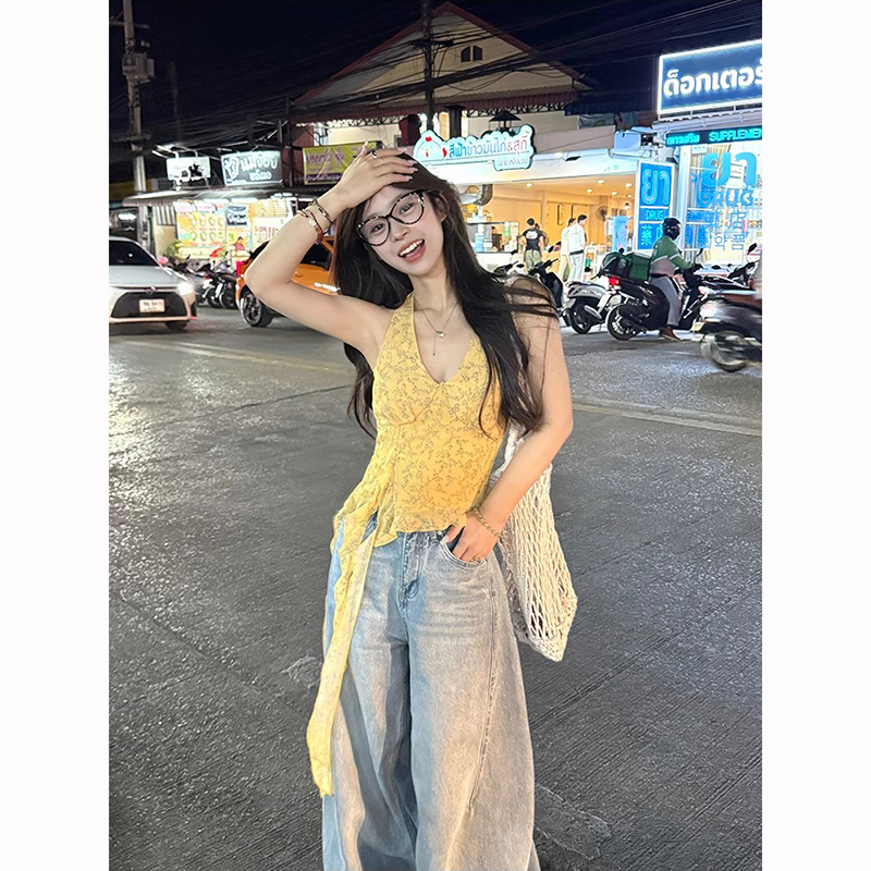 碎花吊带纯欲风不规则短款上衣女