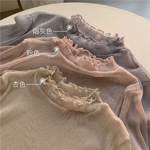 花边领网纱内搭上衣 荷叶袖 木耳边半高领蕾丝打底衫 2021秋冬季