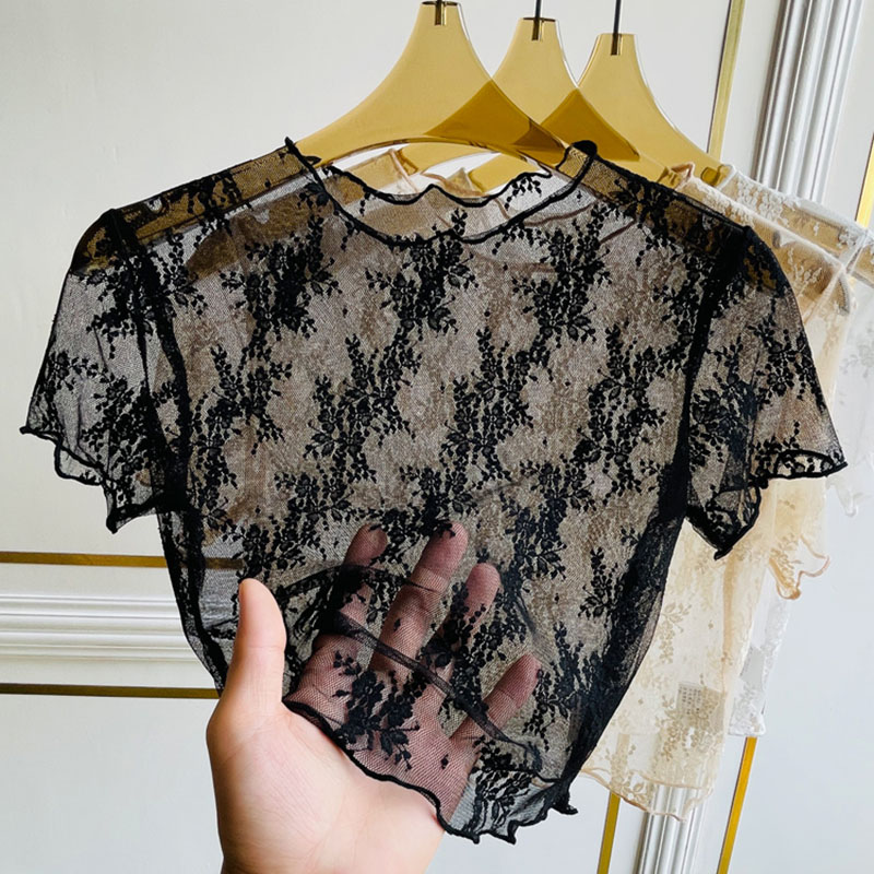 低领蕾丝打底衫女短袖夏季新款洋气内搭罩衫紧身透视中袖网纱上衣