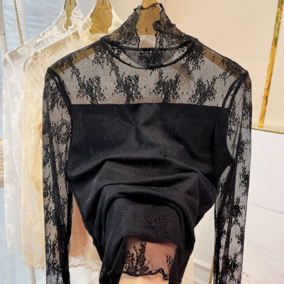 加绒加厚蕾丝打底衫女秋冬洋气黑色高领内搭纱衣性感拼接网纱上衣