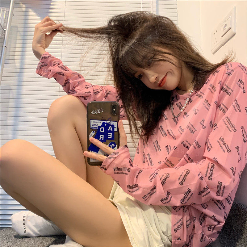 长袖T恤女夏季薄款宽松防晒网衫2021新款chic港味设计感小众上衣
