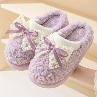 复古毛绒绒保暖加厚防滑 学生防滑室内冬季 可爱蝴蝶结棉拖鞋 女时尚