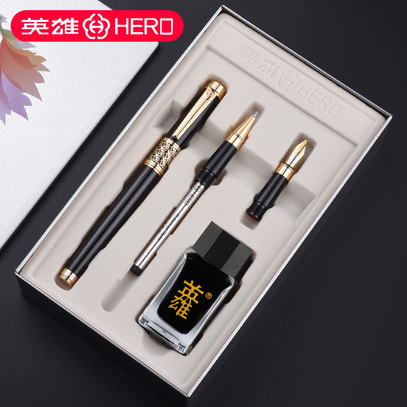HERO英雄钢笔1311铱金笔金属杆明尖0.5三笔头三件套装墨水礼盒练字弯头弯尖美工商务签名签字礼品刻字