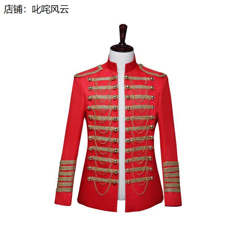 影楼男装主持夜店DJ黑色镶金链欧式宫廷演出服男士军装礼服表演服
