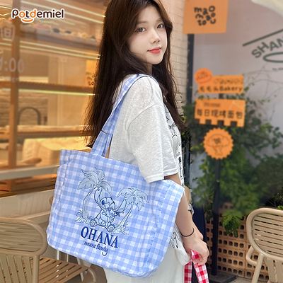 迪士尼简约格纹帆布包日常通勤女