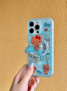 are you自制卡通海岛风黑皮闪钻KT磁吸手机壳适用13苹果iPhone16promax新款15pro保护套14PRO全包16肤感壳14