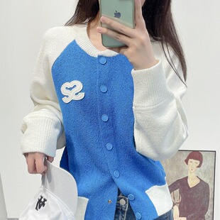 S家 2024春夏休闲撞色拼接设计感蓝色运动棒球服针织外套开衫上衣