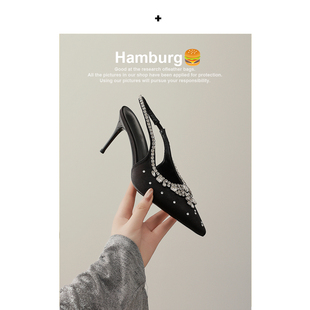 【汉堡Hamburg】黑色水钻婚鞋女秀禾婚鞋细跟高跟鞋女包头凉鞋女