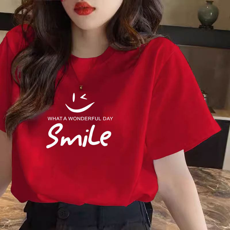 新款smile喜庆大红色t恤女T恤