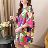 女装 2025夏装 T恤女胖MM遮肚减龄宽松显瘦上衣大码 扎染印花短袖 款