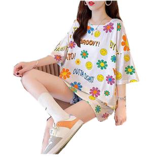 外贸超火短袖t恤女夏2024潮ins宽松韩式深灰色中长款半袖印花上衣